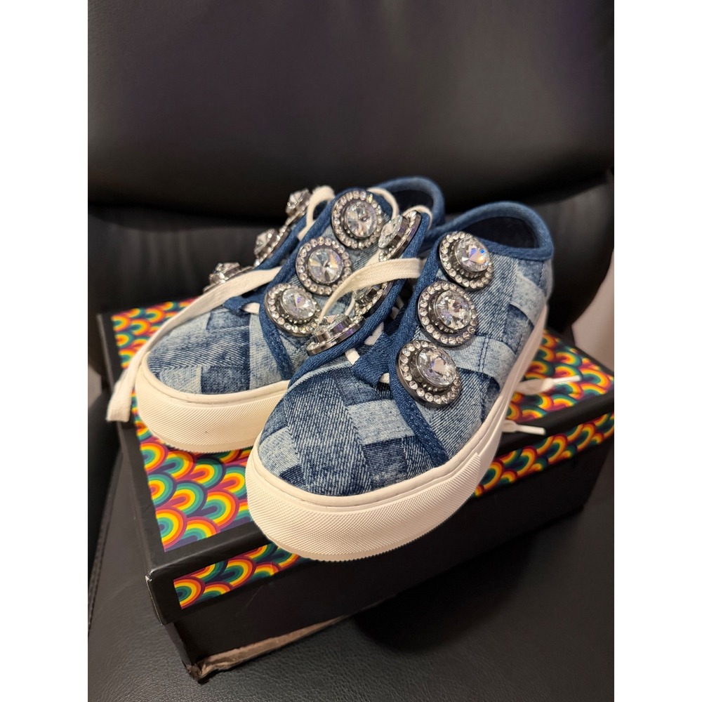Kurt Geiger London Laney Octavia Crystal Woven Denim Platform Sneakers US 6.5